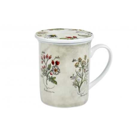 Herbs Botanica - porcelain mug with a lid and stainless steel strainer